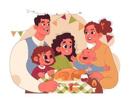 alegre família a comemorar Ação de graças. americano feriado jantar e encontro vetor