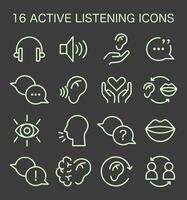 ativo ouvindo habilidade ícones definir. símbolo do atenção suave habilidade. conversação, vetor