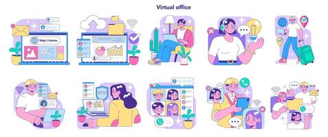 virtual escritório definir. plano vetor ilustração