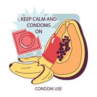 mundo Auxilia dia. banana e mamão usando uma preservativo. seguro sexo ou relação sexual vetor
