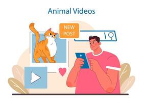 conectados animal noivado conceito. uma homem ações comovente animal videos em uma social plataforma. vetor