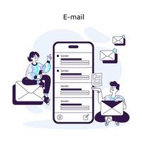 personagens interagindo com uma moderno o email aplicativo em uma Smartphone, simbolizando eficiente digital comunicação vetor