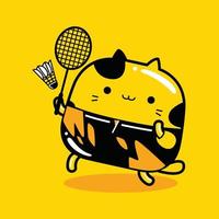 Gato fofo personagem de mascote jogador de badminton profissão em estilo cartoon plana vetor