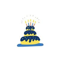 mão desenhada ilustração plana de bolo de aniversário colorido com velas brilhantes vetor