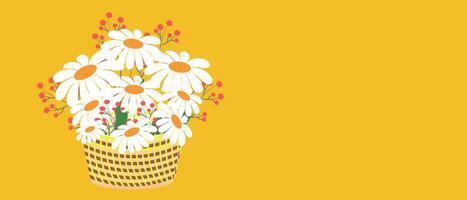 uma ramalhete do fresco camomila dentro uma vime cesta em uma brilhante amarelo Primavera fundo. Primavera verão flor postar Projeto. vetor