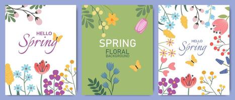 coleção do moderno botânico floral fundos. minimalista elegante Projeto com mão desenhado Primavera flores e folhas. vetor modelo para cumprimento cartão, bandeira, poster.