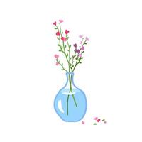 flores silvestres dentro vidro vaso. Primavera floral plantar, campo florescer, cortar Prado hastes dentro jarro. delicado frágil verão flores, simples selvagem ervas isolado em branco fundo. vetor ilustração