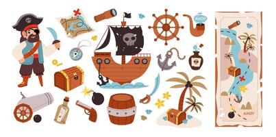 pirata conjunto com fofa elementos do mar aventuras. pirata, tesouro, enviar, ilha com Palma árvores e mapa. plano vetor ilustração