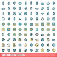 100 relógio ícones definir, cor linha estilo vetor