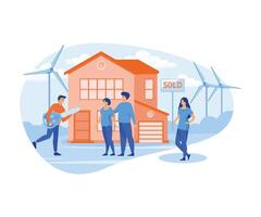 eco casa conceito com feliz pessoas comprando Novo lar. real Estado agente com clientes e chave. ecologia verde energia, solar e vento poder. plano vetor moderno ilustração