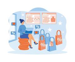 conectados compras e ordem. jovem mulher fazer compras conectados usando computador portátil. plano vetor moderno ilustração