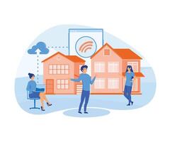 inteligente casa conceito, Internet Wi-fi, dados transferir, comunicação, conectando apartamento edifícios para a Internet, ao controle através da tábua. plano vetor moderno ilustração