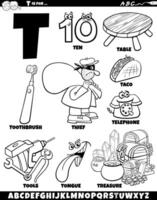 carta t conjunto com desenho animado objetos e personagens coloração página vetor