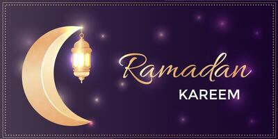 dourado Ramadã eid lua com lanterna e islâmico decoração. crescente e brilhando lâmpada. vetor bandeira adequado para Ramadã, raya Hari, eid al adha e mawlid.