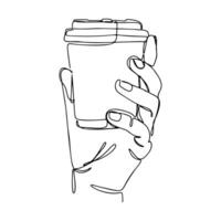 1 linha mão segurando papel copo do café mão desenhado ilustração vetor