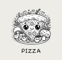 kawaii pizza personagem com coberturas, ervas, amor corações para menus, crianças coloração livros, Comida blogs. vetor ilustração.