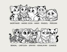 adorável desenho animado gato raças coleção dentro Preto e branco para coloração livro, perfeito para animal amantes desenhos, vetor ilustração.