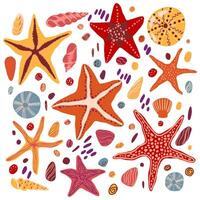 estrelas do mar, cartuchos e pedras plano mão desenhado vetor ilustrações. colorida coleção dentro escandinavo estilo. verão mar simples elementos conjunto para projeto, imprimir, invólucro, decoração, cartão, adesivo.