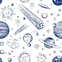 cósmico espaço desatado padronizar. abstrato enfeite do planetas, estrelas, cometas, asteróides, galáxias. mão desenhado vetor astronomia ilustrações.