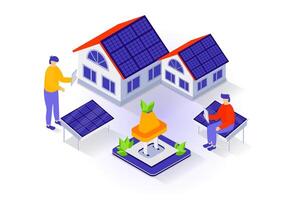 eco estilo de vida conceito dentro 3d isométrico Projeto. pessoas usando solar painéis em casa telhados para gerar eletricidade, gerenciando inteligente casa sistema. vetor ilustração com isometria cena para rede gráfico