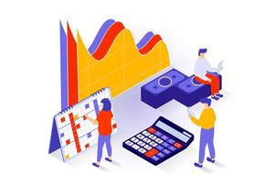 o negócio e marketing conceito dentro 3d isométrico Projeto. pessoas calculando despesas e fazer financeiro relatório, criando em desenvolvimento estratégia. vetor ilustração com isometria cena para rede gráfico