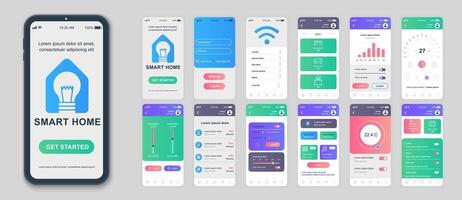 inteligente casa Móvel aplicativo telas conjunto para rede modelos. pacote do perfil Conecte-se, automação ao controle, conectados monitoramento termostatos. interface do usuário, ux, gui do utilizador interface kit para celular layouts. vetor Projeto