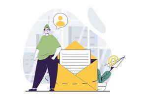 o email serviço conceito com pessoas cena dentro plano Projeto para rede. homem escreve e envia cartas e promoção boletins informativos usando aplicativo. vetor ilustração para social meios de comunicação bandeira, marketing material.