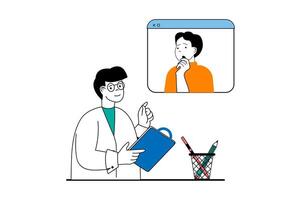 médico serviço conceito com pessoas cena dentro plano rede Projeto. médico consultando e fazer prescrições para paciente de vídeo chamando. vetor ilustração para social meios de comunicação bandeira, marketing material.