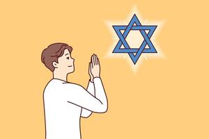 judaico homem adolescente reza, olhando às Estrela do davi, observando ritual dentro preparação para shabat vetor