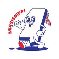 Mississippi Estado retro mascote com mão e pé grampo arte. EUA mapa retro desenho animado adesivos com engraçado quadrinho personagens e com luva mãos. vetor modelo para local na rede Internet, projeto, cobrir, infográficos.