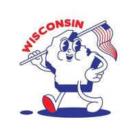 Wisconsin Estado retro mascote com mão e pé grampo arte. EUA mapa retro desenho animado adesivos com engraçado quadrinho personagens e com luva mãos. vetor modelo para local na rede Internet, projeto, cobrir, infográficos.