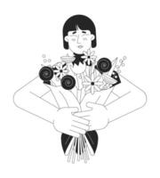 afetuoso mãe ramalhete Preto e branco 2d linha desenho animado personagem. abraçando flores ásia mulher isolado vetor esboço pessoa. romântico surpresa aniversário monocromático plano local ilustração