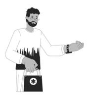 masculino farmacia cliente com nfc Assistir Preto e branco 2d linha desenho animado personagem. africano americano homem isolado vetor esboço pessoa. usando vestível tecnologia monocromático plano local ilustração