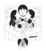 abraçando mãe Parabéns Preto e branco Preto e branco linha ilustração. ásia mãe crianças feliz 2d lineart personagens isolado. flores ramalhete abraçando mãe monocromático cena vetor esboço imagem