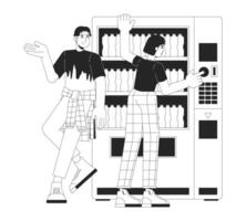 coreano jovem casal inclinado em vending máquina Preto e branco 2d linha desenho animado personagens. namorado namorada isolado vetor esboço pessoas. compra bebida monocromático plano local ilustração