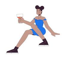 afro-americano feliz mulher copo de vinho 2d linear desenho animado personagem. vinho vidro segurando Preto fêmea isolado linha vetor pessoa branco fundo. coquetel bebendo cor plano local ilustração