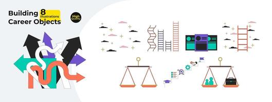 construção carreira 2d linear desenho animado objetos pacote. balanças equilíbrio, escadas isolado linha vetor Itens branco fundo. profissional crescimento, realização metas cor plano local ilustração coleção