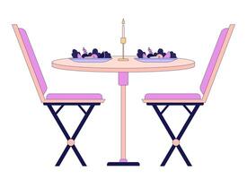 romântico jantar mesa cadeiras 2d linear desenho animado objeto. restaurante refeição pratos de luz de velas isolado linha vetor elemento branco fundo. encontro noite. vela luz jantar cor plano local ilustração
