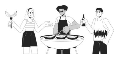 amigos cozinhando churrasco Preto e branco 2d linha desenho animado personagens. multirracial vizinhos às churrasco festa isolado vetor esboço pessoas. grelhado Comida às piquenique monocromático plano local ilustração