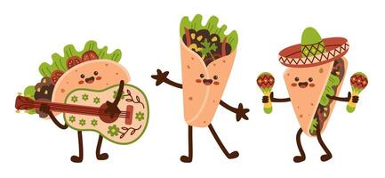 mexicano Comida engraçado personagens definir. México cozinha fofa feliz face emoticons mascote coleção. sorridente burrito, taco. vetor