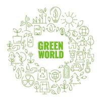 ecologia, volta projeto, com texto verde mundo, linha ícones. ecologia meio Ambiente melhoria, sustentabilidade, reciclar, renovável energia. eco amigáveis vetor. conceito do internet zero emissões de 2050. vetor