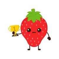 fofa feliz morango fruta com ouro troféu. vetor plano fruta desenho animado personagem ilustração ícone Projeto