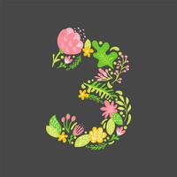 Verão floral número 3 três. Alfabeto de casamento Capital flor. Fonte colorida com flores e folhas. Estilo escandinavo de ilustração vetorial vetor
