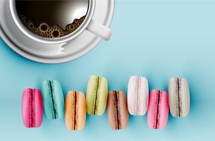 Macarons coloridos altamente detalhados sobre fundo azul com uma xícara de café, ilustração vetorial vetor