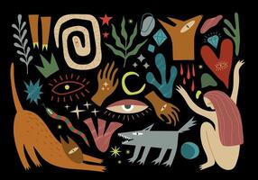 grande esotérico definir. mãos, mulher, animais, plantas, abstrato elementos em uma Preto fundo. vetor ilustração