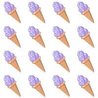 lavanda gelo creme. três colheres do cremoso doce sobremesa dentro uma waffle cone. roxa sorvete. desatado padronizar. vetor ilustração.