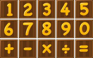 Número um para zero e sinais de matemática em tábuas de madeira