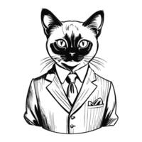 antro humanóide siamês gato vestindo o negócio suíte velho retro vintage gravado tinta esboço mão desenhado linha arte vetor