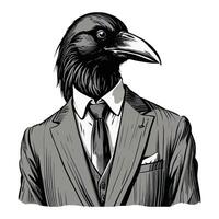 Preto Corvo pássaro vestindo o negócio suíte velho retro vintage gravado tinta colori esboço mão desenhado linha arte vetor