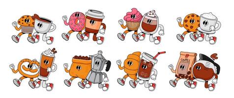 café e doces casais. desenho animado retro Anos 70 café da manhã par dentro café fazer compras e cafeteria. mascote feliz personagem bebida. espresso com Bolinho, caneca cappuccino e biscoito. vetor conjunto